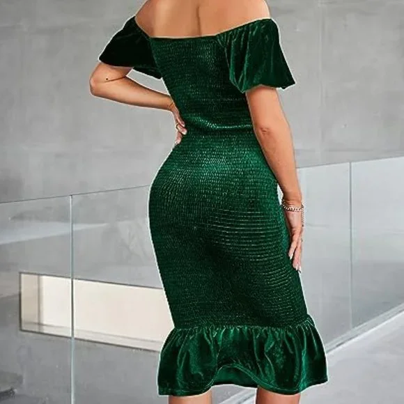 Simplee (L) Smocked Bodycon Off Shoulder Puff Short Sleeve Emerald Mermaid Dress - Picture 6 of 11